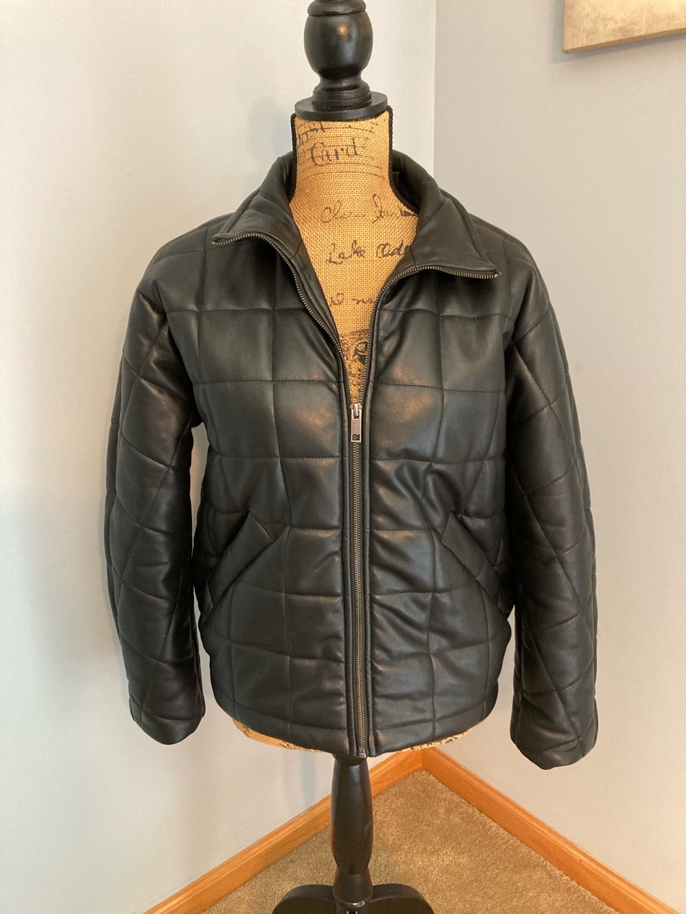 RD Style Black Faux-Leather Quilted Puffer Jacket Women Size XS